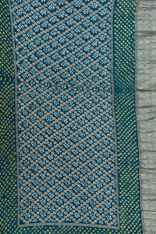 Floral Zari Border With Ogee Pattern Peacock Blue Bandhani Work Georgette Silk Saree