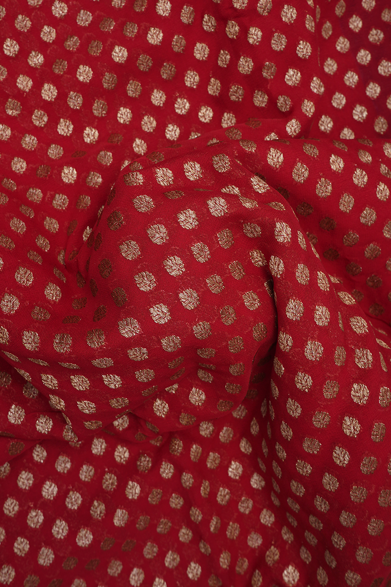 Floral Zari Buttis Ruby Red Georgette Banarasi Silk Saree