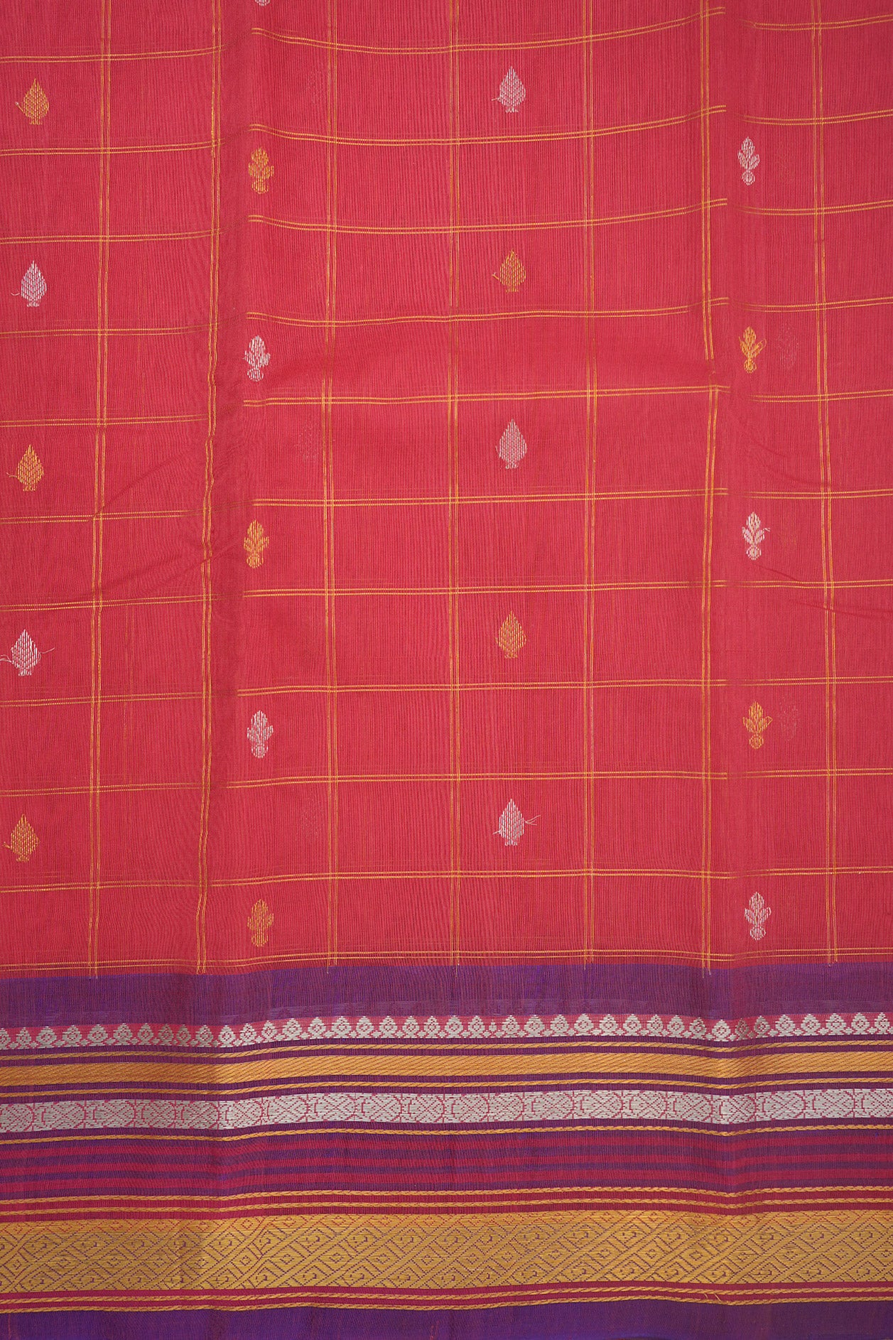 Floral Zari Checks Scarlet Red Gadwal Silk Cotton Saree
