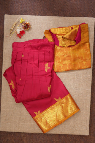 Floral Zari Design Mustard And Scarlet Red Kanchipuram Silk Pavadai Sattai