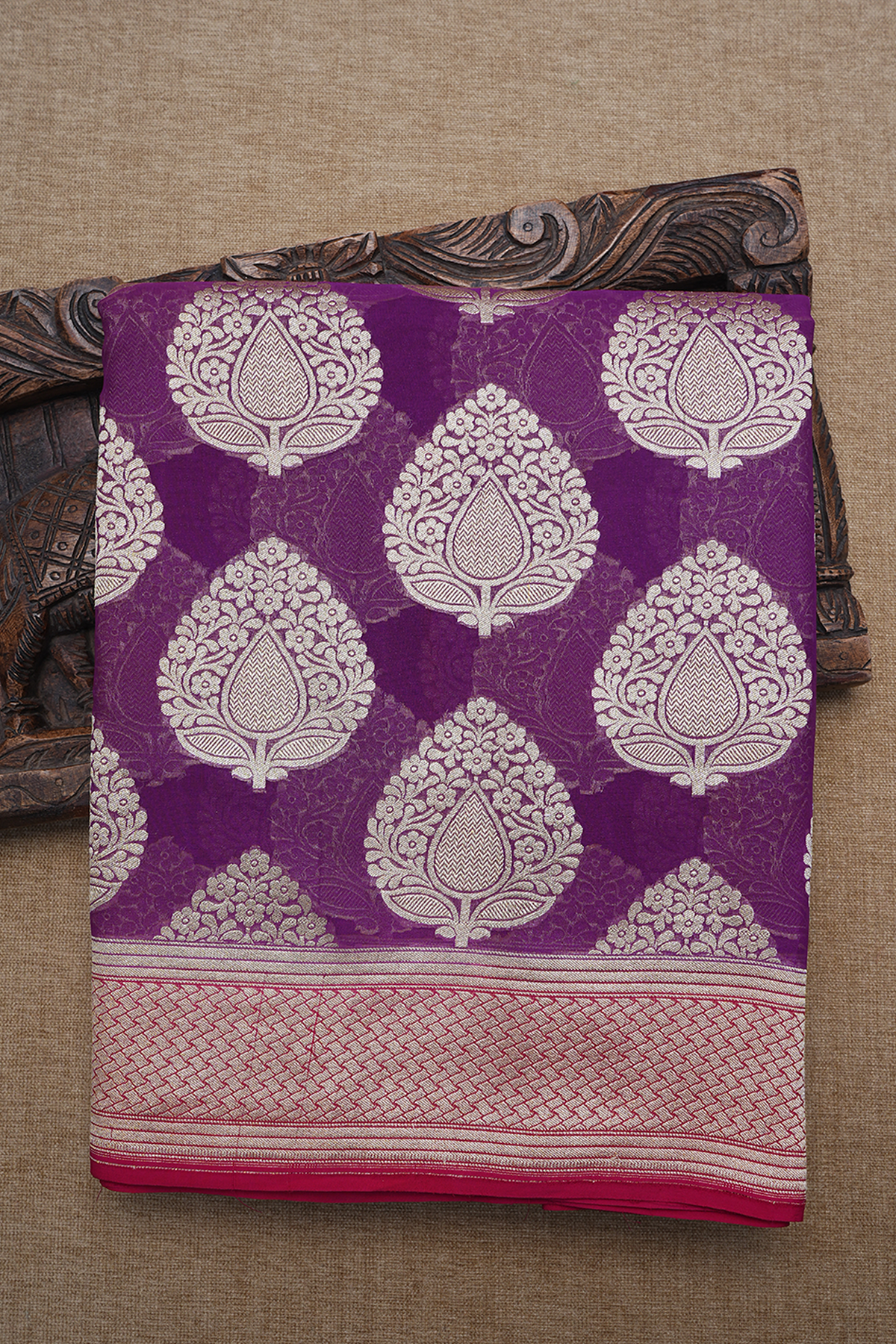 Floral Zari Design Purple Rose Georgette Banarasi Silk Saree