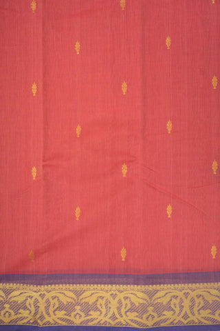 Floral Zari Motifs Dusty Red Kanchi Cotton Saree