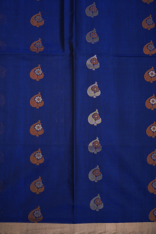 Floral Zari Motifs Navy Blue Kora Silk Cotton Saree