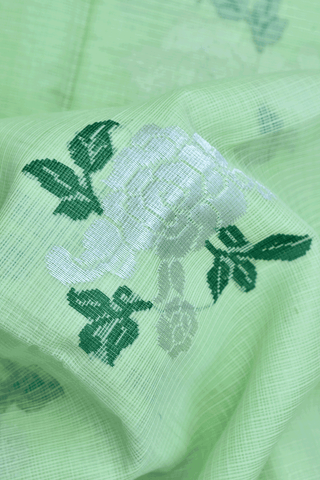 Floral Zari Motifs Pastel Green Pure Kota Silk Saree