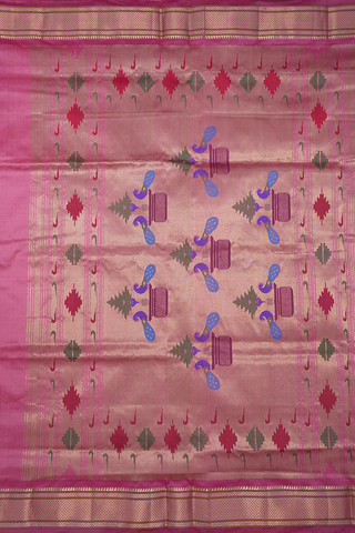Floral Zari Motifs Pink Paithani Silk Saree