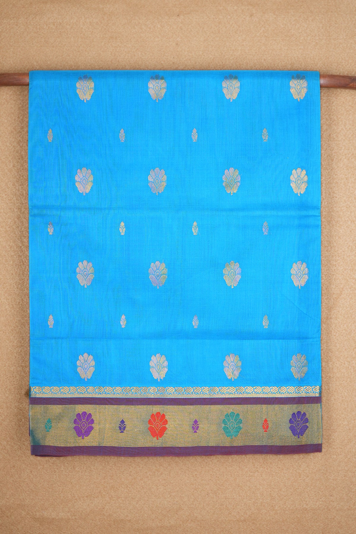 Floral Zari Motifs Sky Blue Venkatagiri Cotton Saree