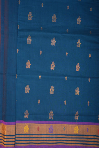 Floral Zari Motifs Teal Blue Venkatagiri Cotton Saree