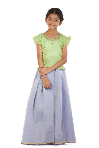Frilled Sleeves And Hem Floral Embroidered Pear Green And Powder Blue Chanderi Cotton Pavadai Sattai