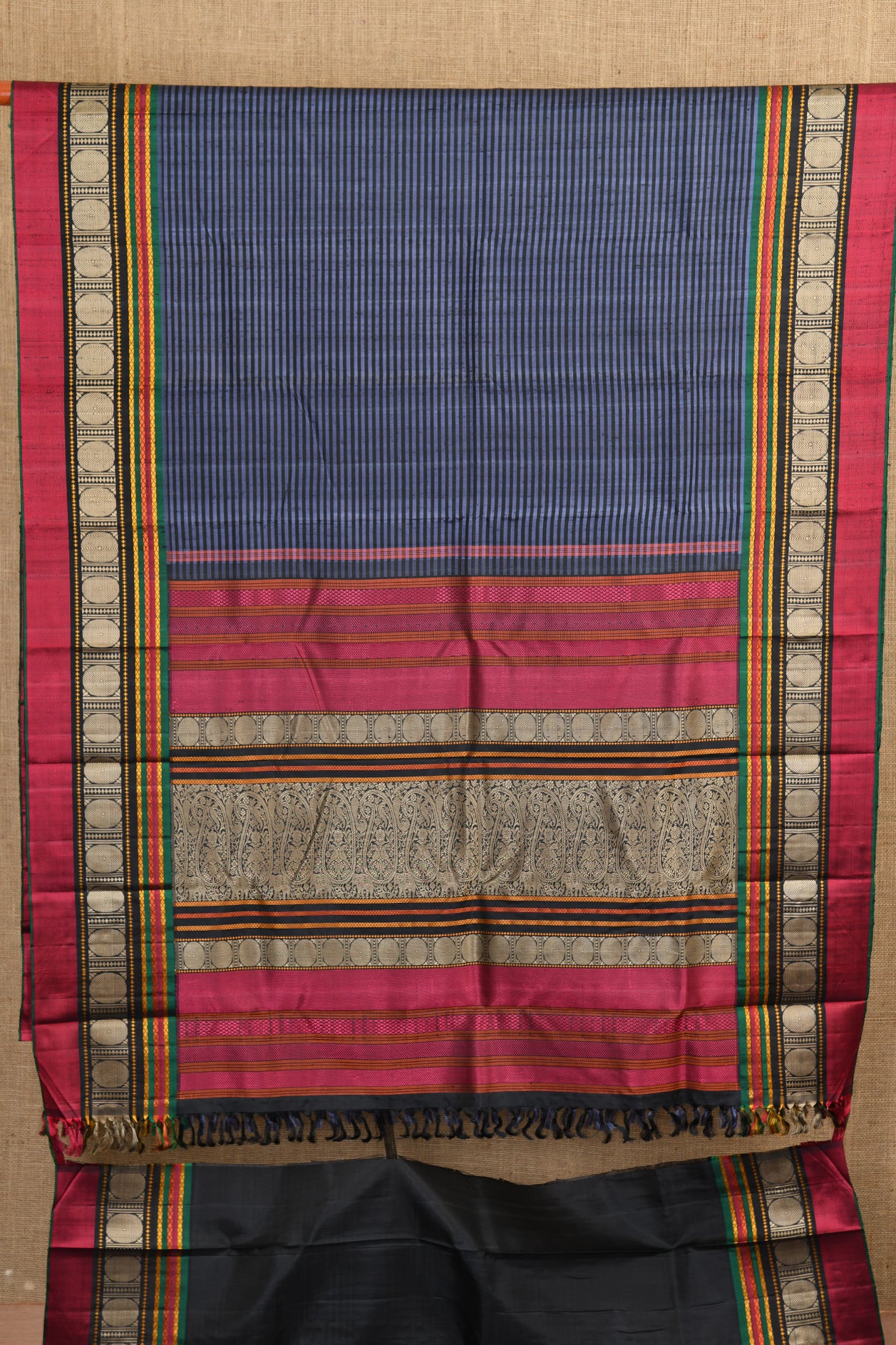 Thread Work Stripes Black And Slate Purple Kanchipuram Silk Saree