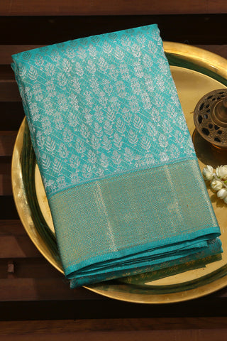 Silver Zari Thilagam Buttis Turquoise Blue Kanchipuram Silk Saree
