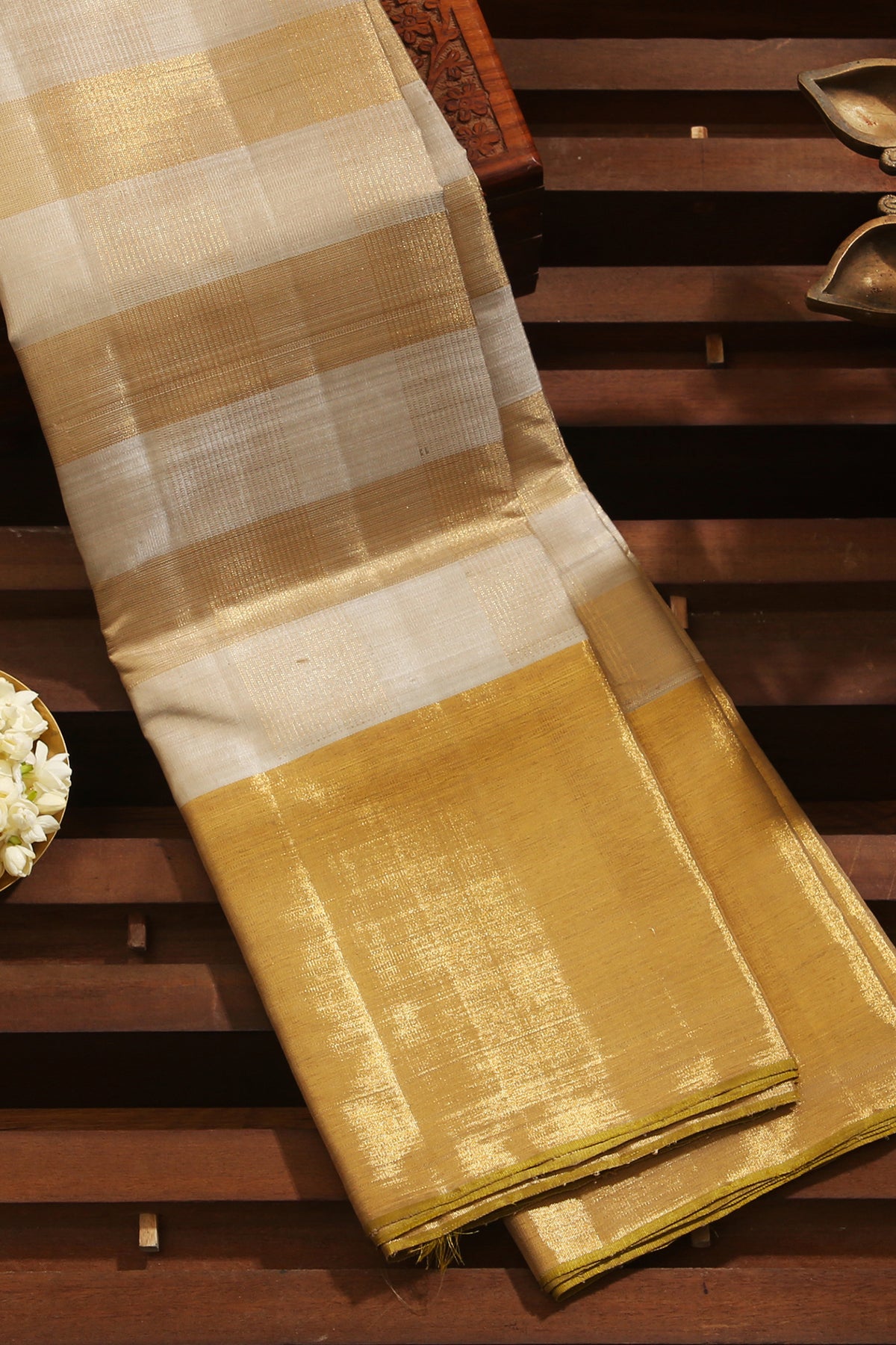 Big Tissue Border With Gold And Pastel Grey Striped Kanchipuram Silk Saree