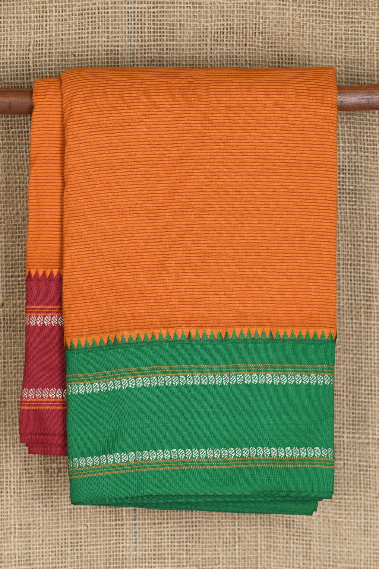 Ganga Jamuna Border In Stripes Marigold Orange Dharwad Cotton Saree