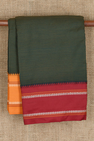 Ganga Jamuna Thread Work Border With Stripes Bottle Green Dharwad Cotton Saree