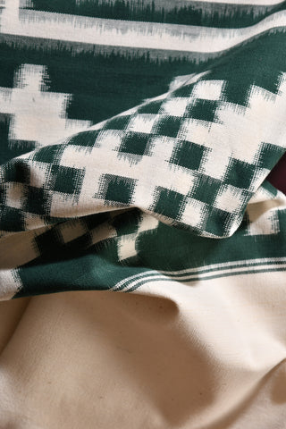 Geometric Cotton Ikat In Green And Offwhite Single Bedsheet