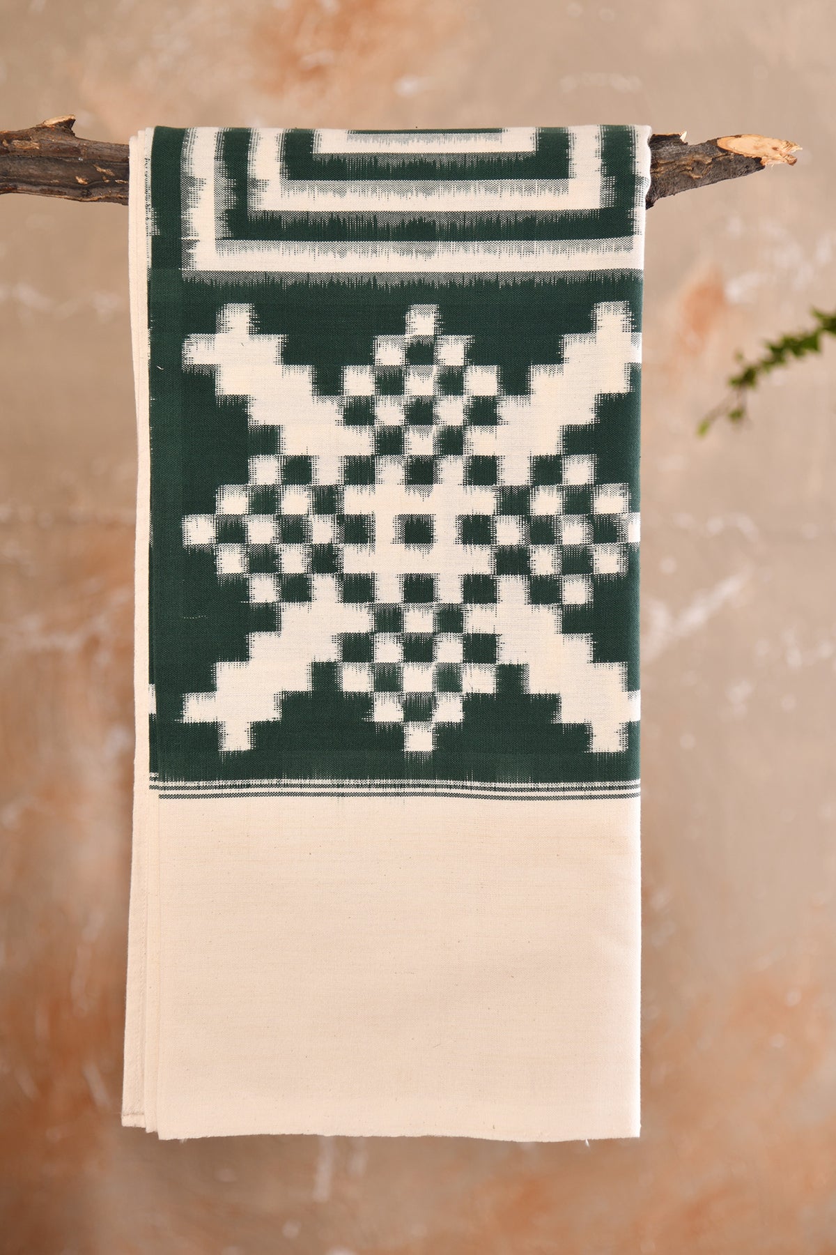 Geometric Cotton Ikat In Green And Offwhite Single Bedsheet