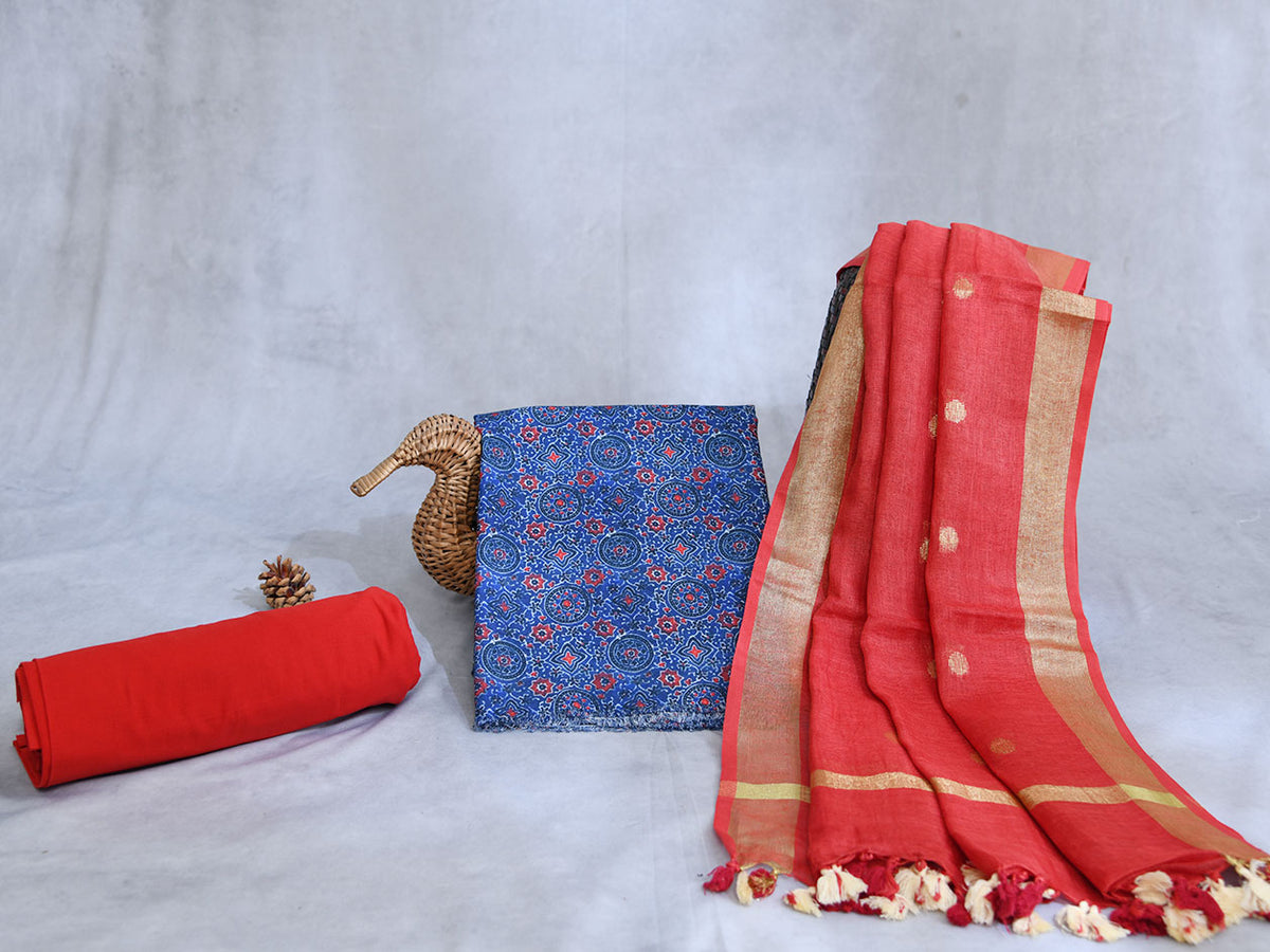 Geometric Pattern Blue And Red Cotton Unstitched Salwar Material