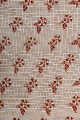 Geometric Pattern Kalamkari Printed Cream Color And Maroon Kota Cotton Saree