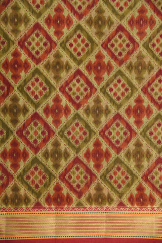 Geometric Pattern Khaki And Maroon Printed Ahmedabad Cotton Saree