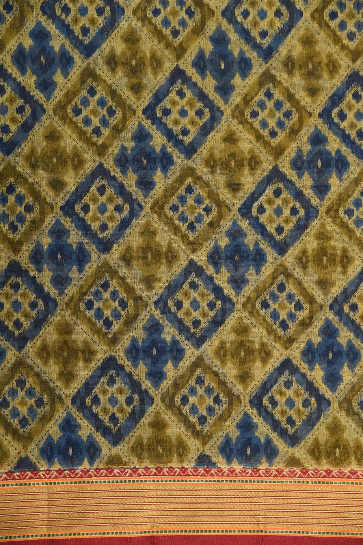 Geometric Pattern Khaki And Navy Blue Printed Ahmedabad Cotton Saree