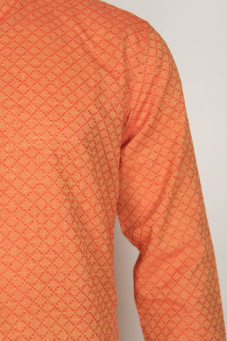 Chinese Collar Geometric Pattern Orange Cotton Long Kurta