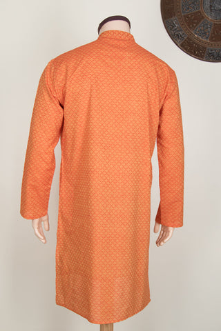 Chinese Collar Geometric Pattern Orange Cotton Long Kurta
