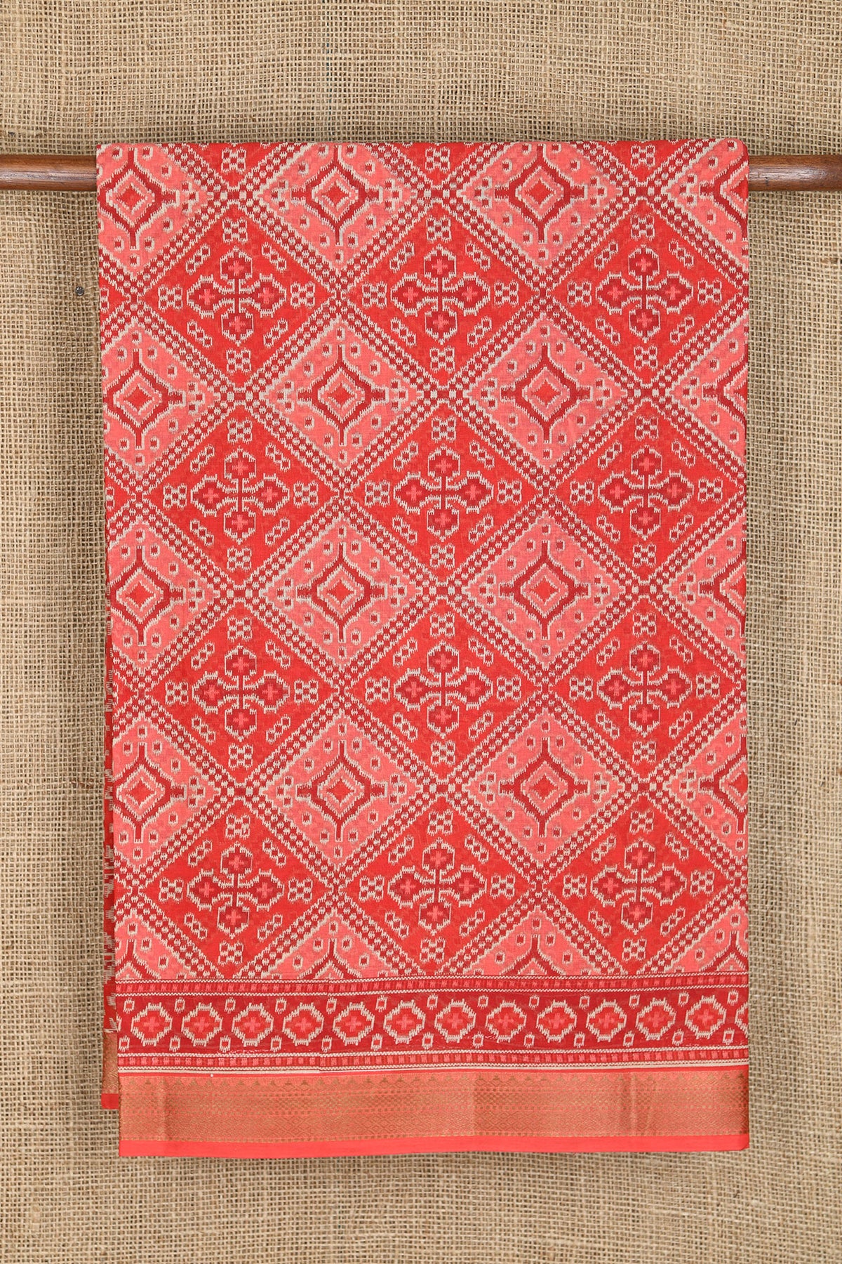 Geometric Pattern Red And Pink Printed Ahmedabad Cotton Saree