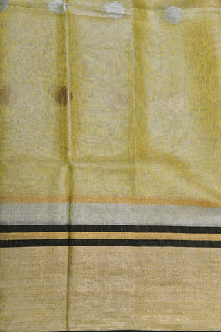 Gold And Silver Zari Border With Polka Dots Soft Yellow Linen Cotton Saree