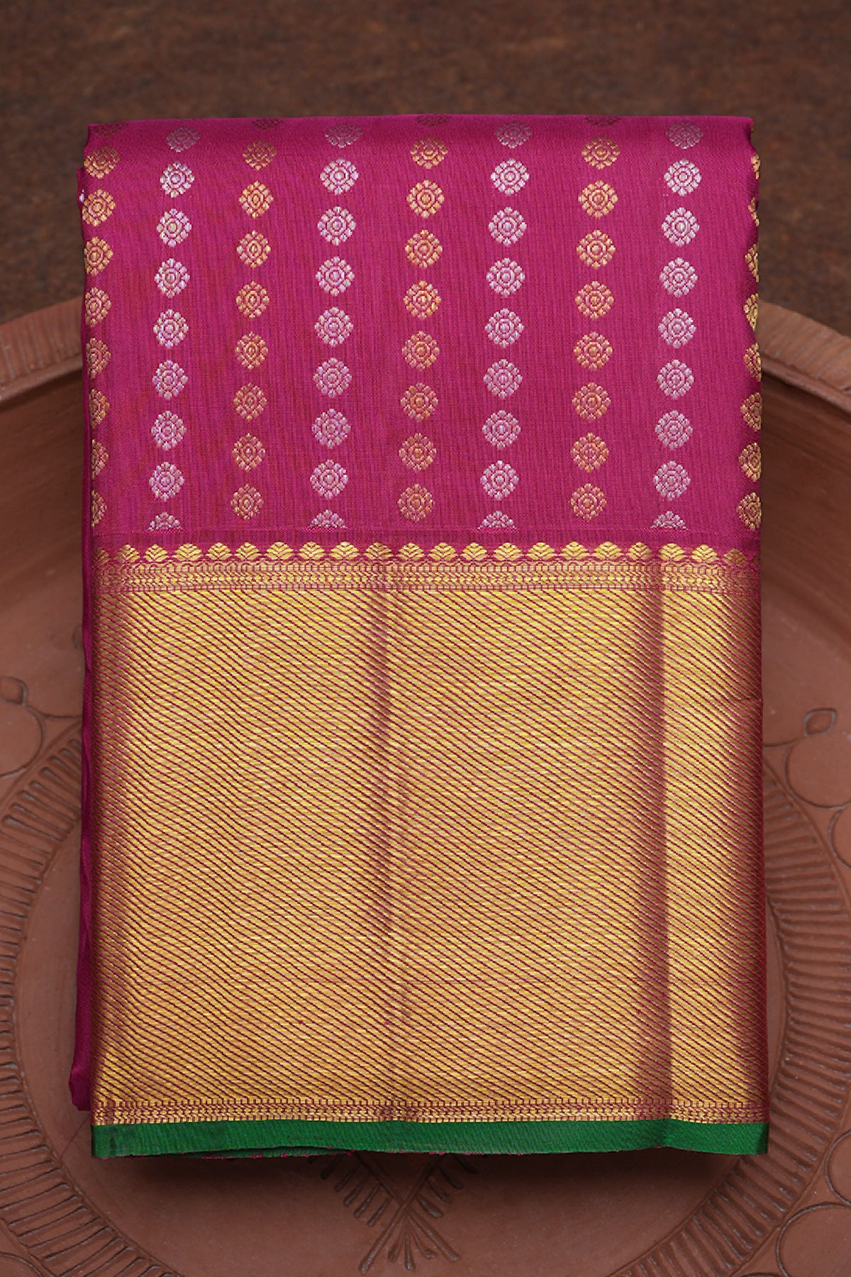 Gold And Silver Zari Motifs Burgundy Kanchipuram Silk Saree
