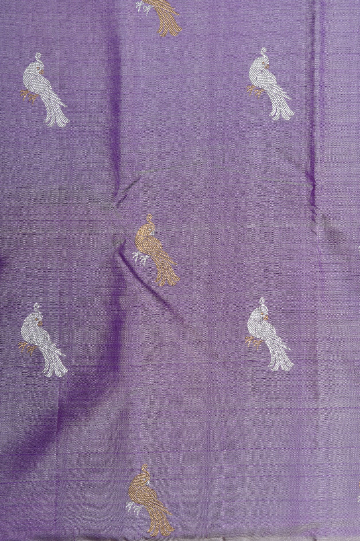 Gold And Silver Zari Parrot Motif Lavender Kanchipuram Silk Saree