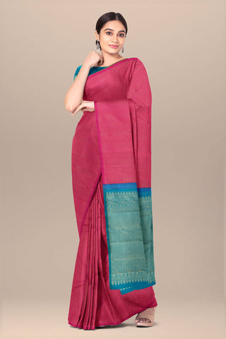 Gold And Silver Zari Vanki Design Stripes Pink Kanchipuram Silk Saree