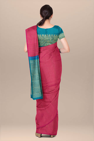 Gold And Silver Zari Vanki Design Stripes Pink Kanchipuram Silk Saree