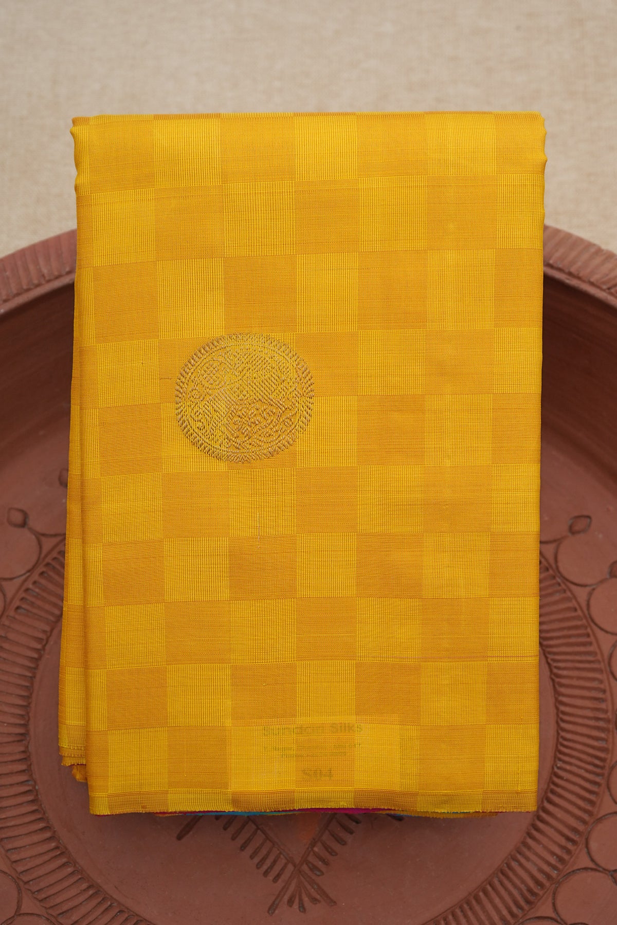 Gold Zari Motifs Mustard Yellow Kanchipuram Silk Saree