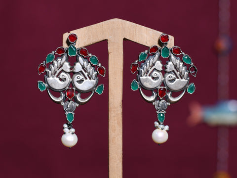 Green And Red Kemp Stone Matte Finishing Pure Silver Earrings