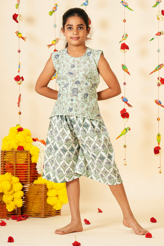 Green And White Block Printed Sleeveless Top And Culottes Set