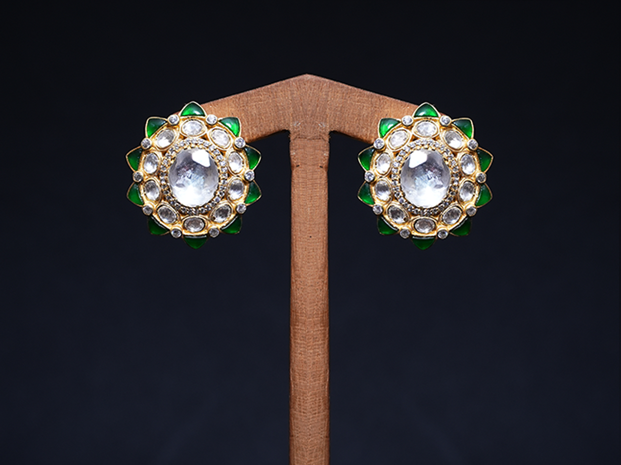 Green And White Stones Gold Plated Silver Stud Earrings