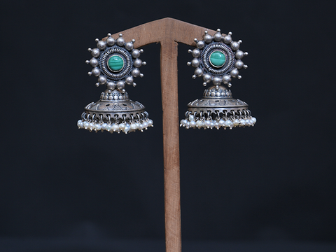 Green Stones And Pearl Drops Oxidized Pure Silver Jhumkas