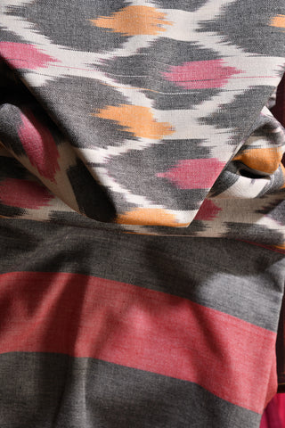 Grey, Peach & Mustard Cotton Ikat Single Bedsheet