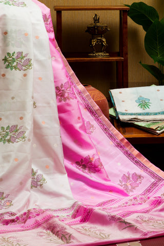 Half And Half Block Printed White And Pink Kanchipuram Silk Saree