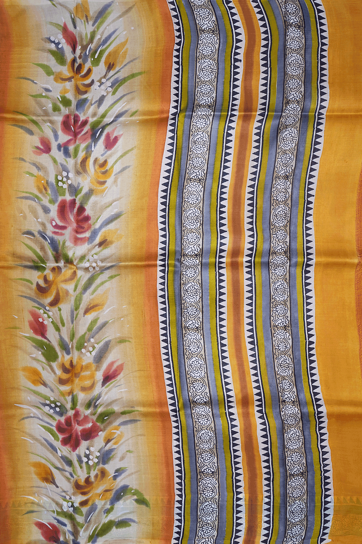 Half And Half Color Rust Orange And Beige Printed Silk Saree