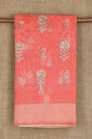 Half And Half Floral Digital Printed Bright Orange Semi Linen Silk Saree