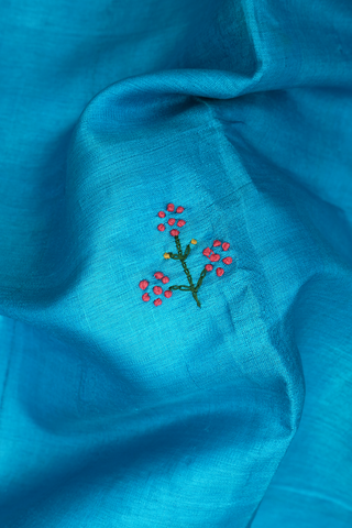 Hand Embroidered Motifs Cerulean Blue Tussar Silk Saree