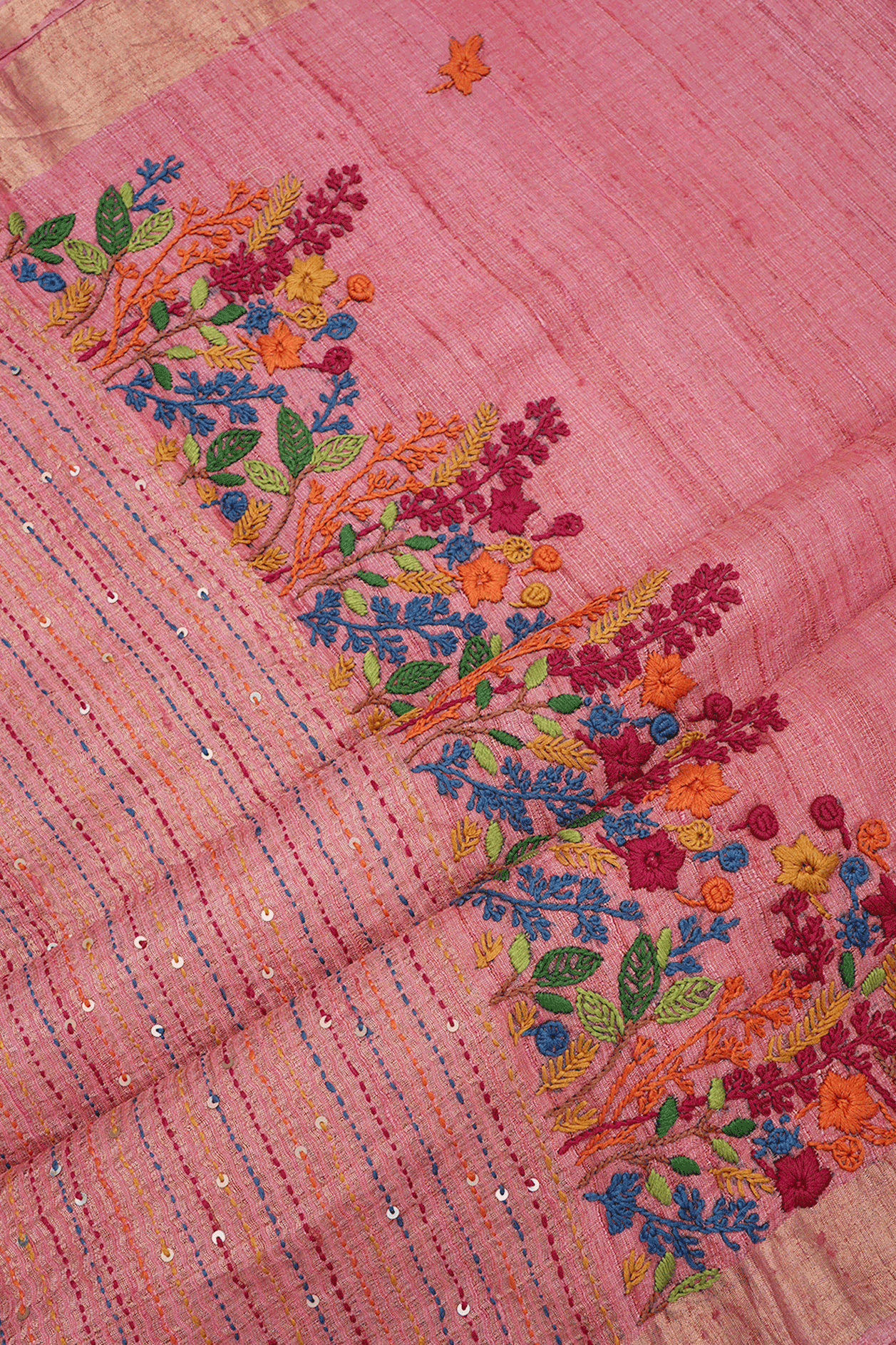 Hand Embroidery Floral Motif Pastel Red Tussar Silk Saree