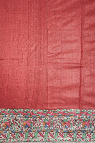 Hand Painted Madhubani Border Brick Red Tussar Silk Saree
