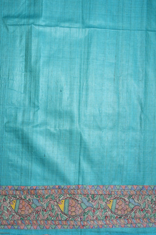 Hand Painted Madhubani Border Cerulean Blue Tussar Silk Saree