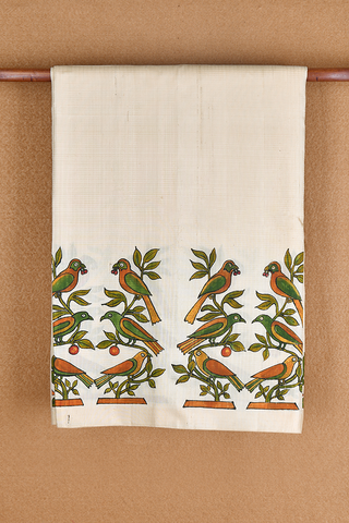 Hand Painted Birds Design Ivory Kanchipuram Silk Saree