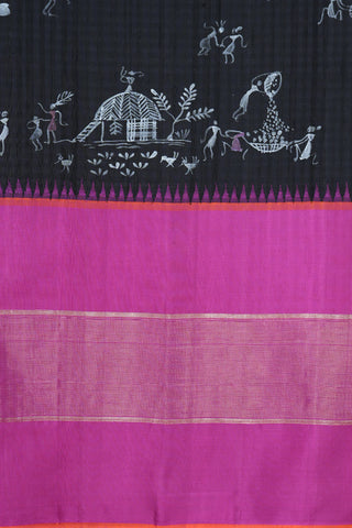 Handpainted Warli Design Black Kanchipuram Silk Saree