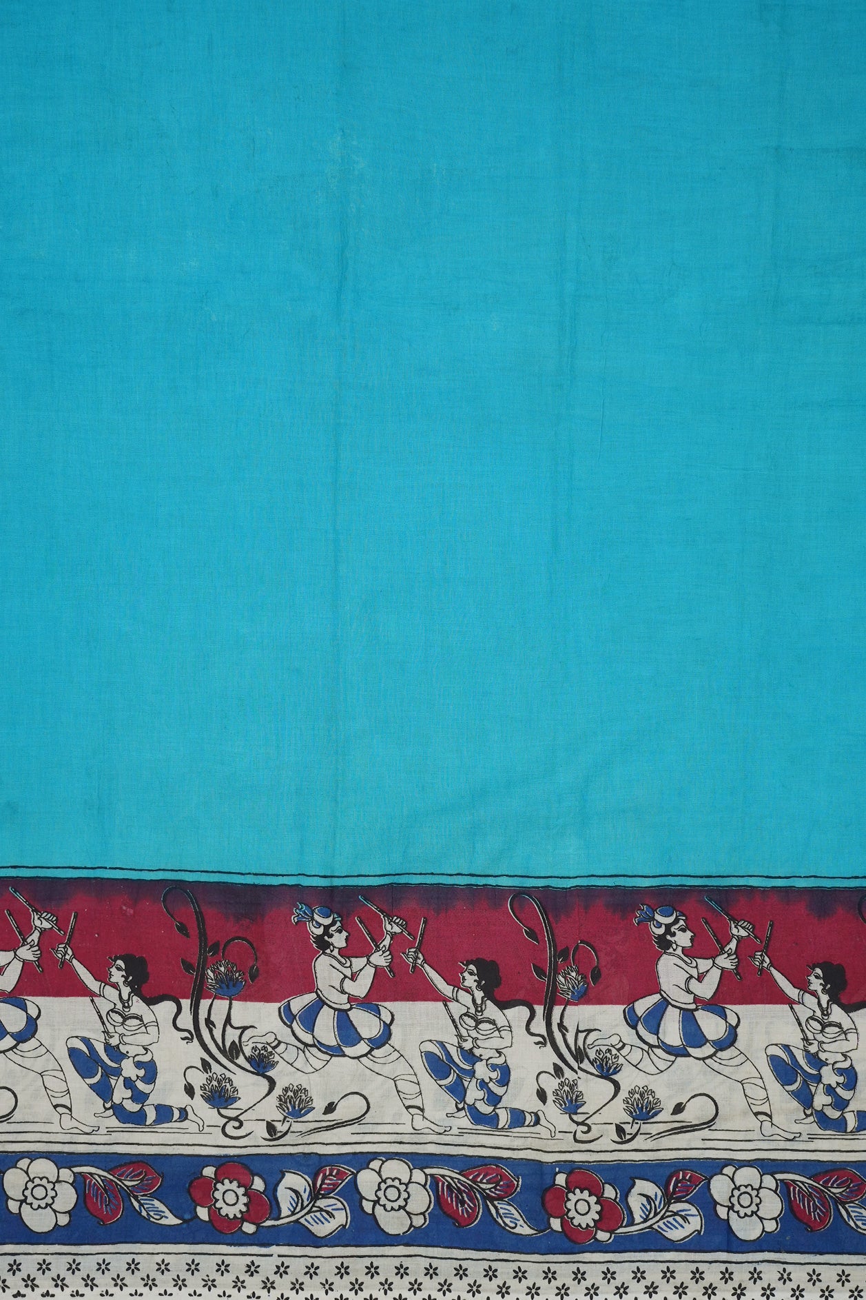 Human Figure And Floral Design Border Deep Sky Blue Printed Kalamkari Cotton Saree