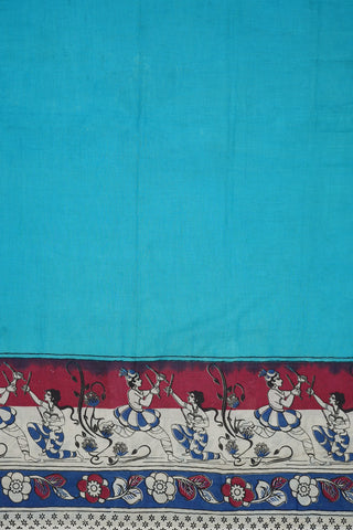 Human Figure And Floral Design Border Deep Sky Blue Printed Kalamkari Cotton Saree