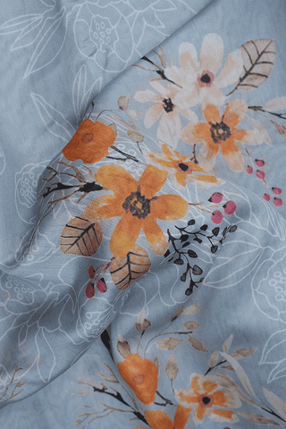 Floral Digital Printed Steel Grey Chanderi Silk Cotton Saree