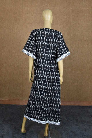 Patch Work U-Neck Ikat Design With Tie-Up Black Cotton Long Kaftans